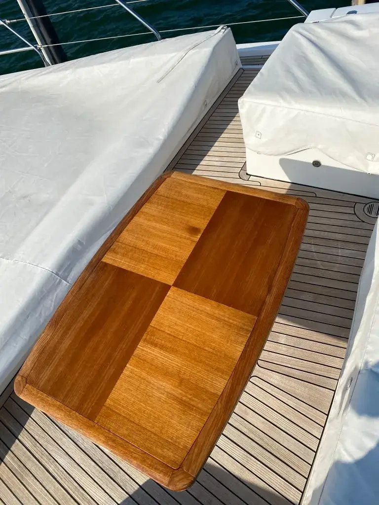 Custom marine table with contrasting grain panels